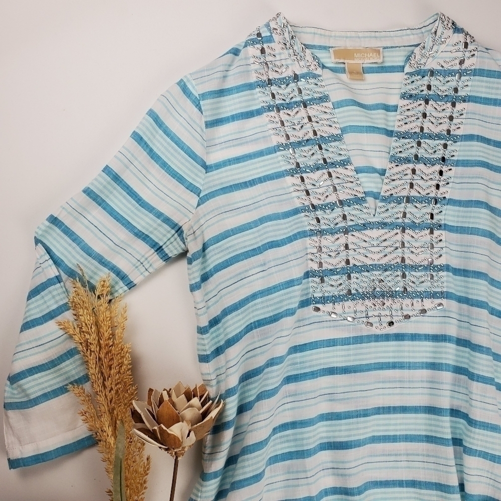 Michael Kors Blue White Stripe Silver Top Small - Picture 5 of 9